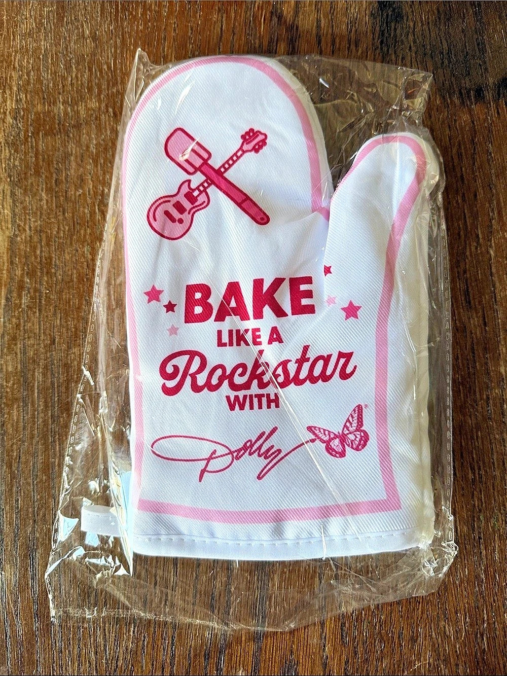 Dolly Parton Bake Like a Rockstar Oven Mitt Pink & White